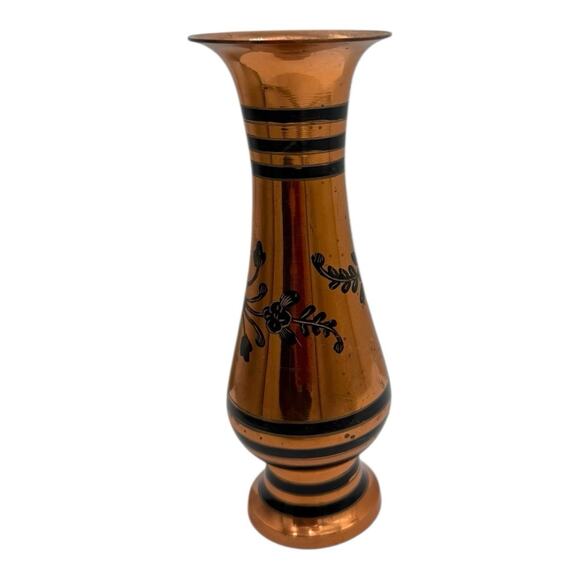 Vintage Brass/Copper Black Etched Floral & Striped Vase ~ 8” Tall Made India EUC - Picture 3 of 12